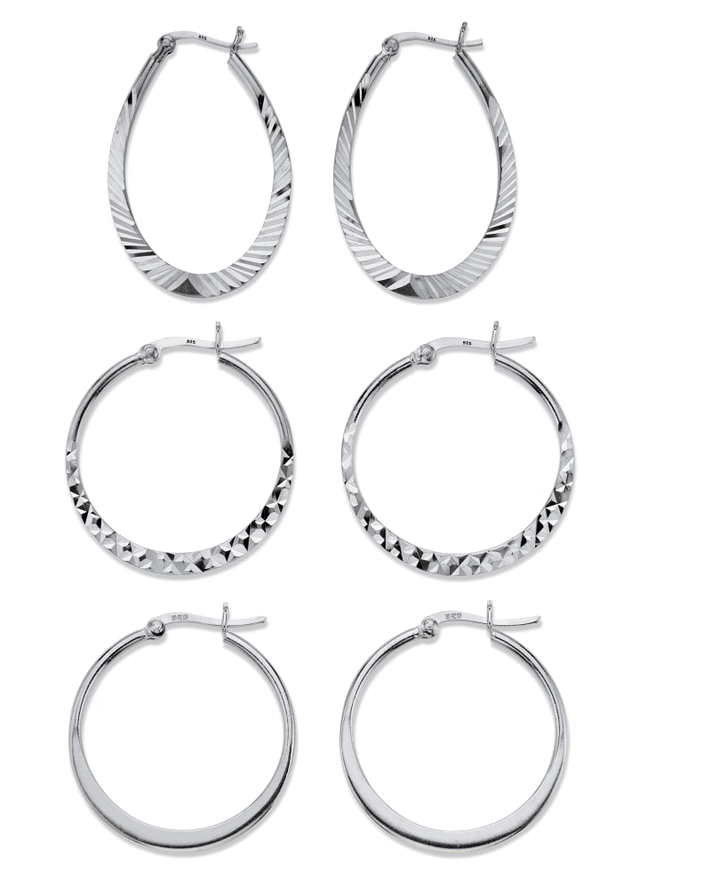 Front of a size One Size Diamond-Cut .925 Sterling Silver 3-Pair Set of Hoop Earrings 1" in White by PalmBeach Jewelry. | dia_product_style_image_id:333341